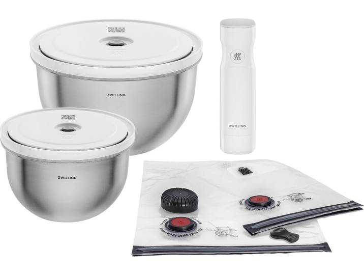 Aufbewahrungssystem ZWILLING Fresh & Save BOWLS , silber (silberfarben, weiß), Edelstahl, Lebensmittelaufbewahrungsbehälter, Aufbewahrungssystem, Vakuum Starter Set, Edelstahl / M/L, 9-tlg.