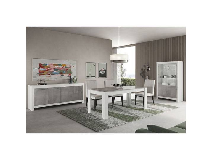 DENAE - Ensemble Séjour Complet Blanc et Gris Marbré Table 160cm + Buffet + Vitrine Leds