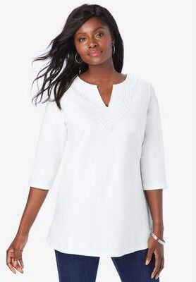 Plus Size Women's Stretch Cotton Crochet Notch Neck Tunic by Jessica London in White Crochet (Size S)