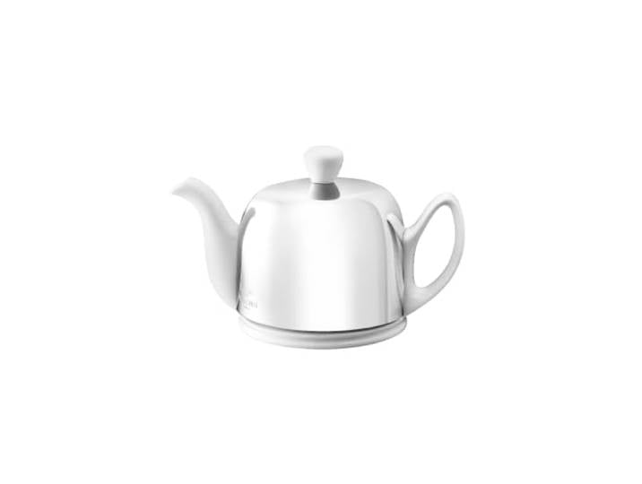 Guy Degrenne Salam Classique Théière 2 Tasses Corps Blanc Cloche Miroir Théière 2 Tasses (35 Cl) en Porcelaine Blanche\, Cloche en Acier Doublée de Feutrine\, Résiste aux Chocs et aux Taches