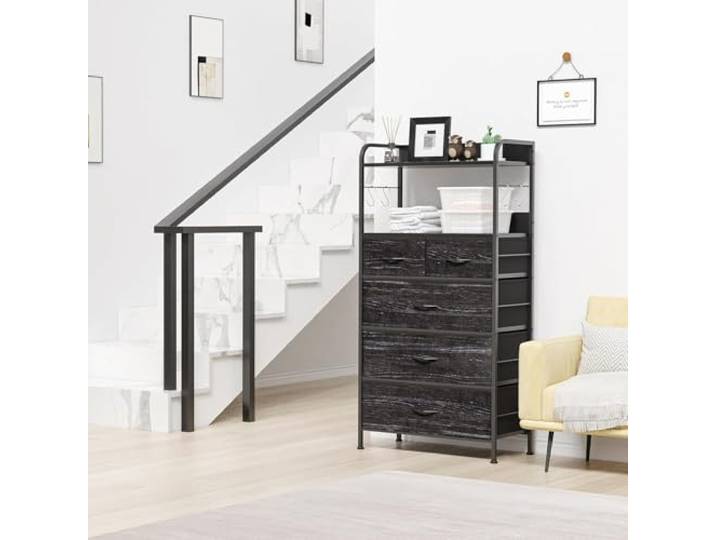 GarveeLife Orizer Flurkommode Schmal Mit 5 Stoffschubladen & Metallrahmen – 2 Offene Ablagen, Seitliche Haken, Platzsparender Flur-Organizer 120×60×30 cm, Tigerstreifen