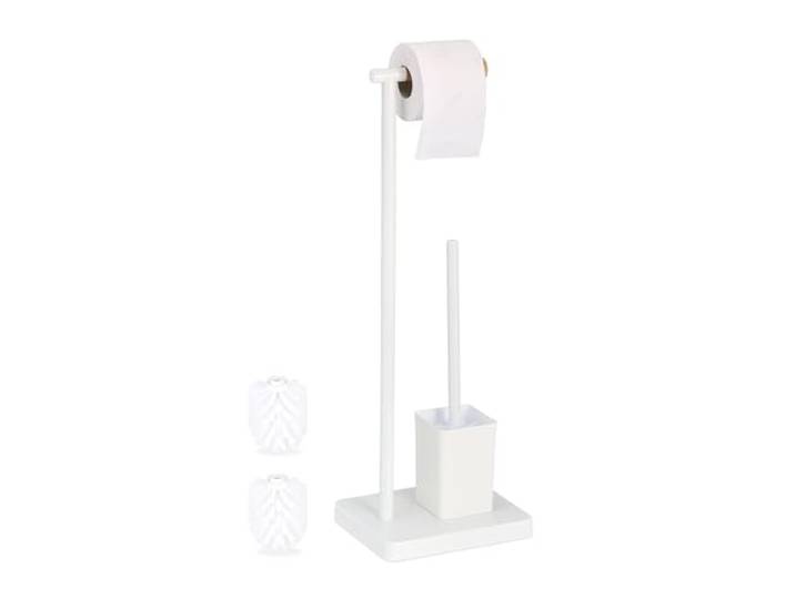 Relaxdays Serviteur WC\, HxLxP : 66\,5x23x18 cm\, Support Papier Toilettes\, Brosse et Porte-Brosse\, Acier Inoxydable\, Blanc