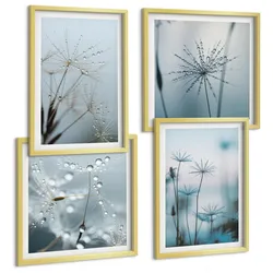 BILDER SET 4er Set - 50x50 cm & 40x60 cm Goldrahmen - Löwenzahn-Wassertropfen
