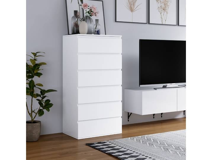 Getone Commode Chambre Adulte, Commode 6 Tiroirs, Chiffonnier en Bois, Meuble de Rangement, Armoire à Tiroirs, 60x40x119cm, Blanche/Noire