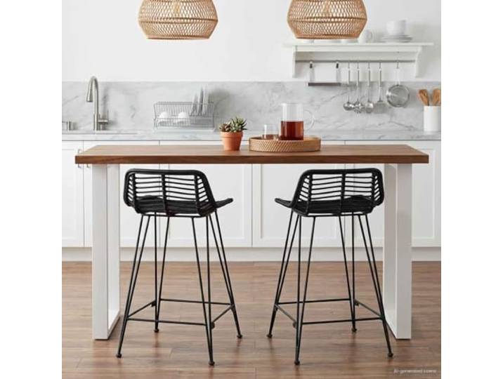 FMPGJLYH Barhocker 2er Set, Rattan & Stahl Stühle, Modern für Küche Atmungsaktiv & bequem, Integrierte Fußstütze, Stabiles Design, Für Hausbar