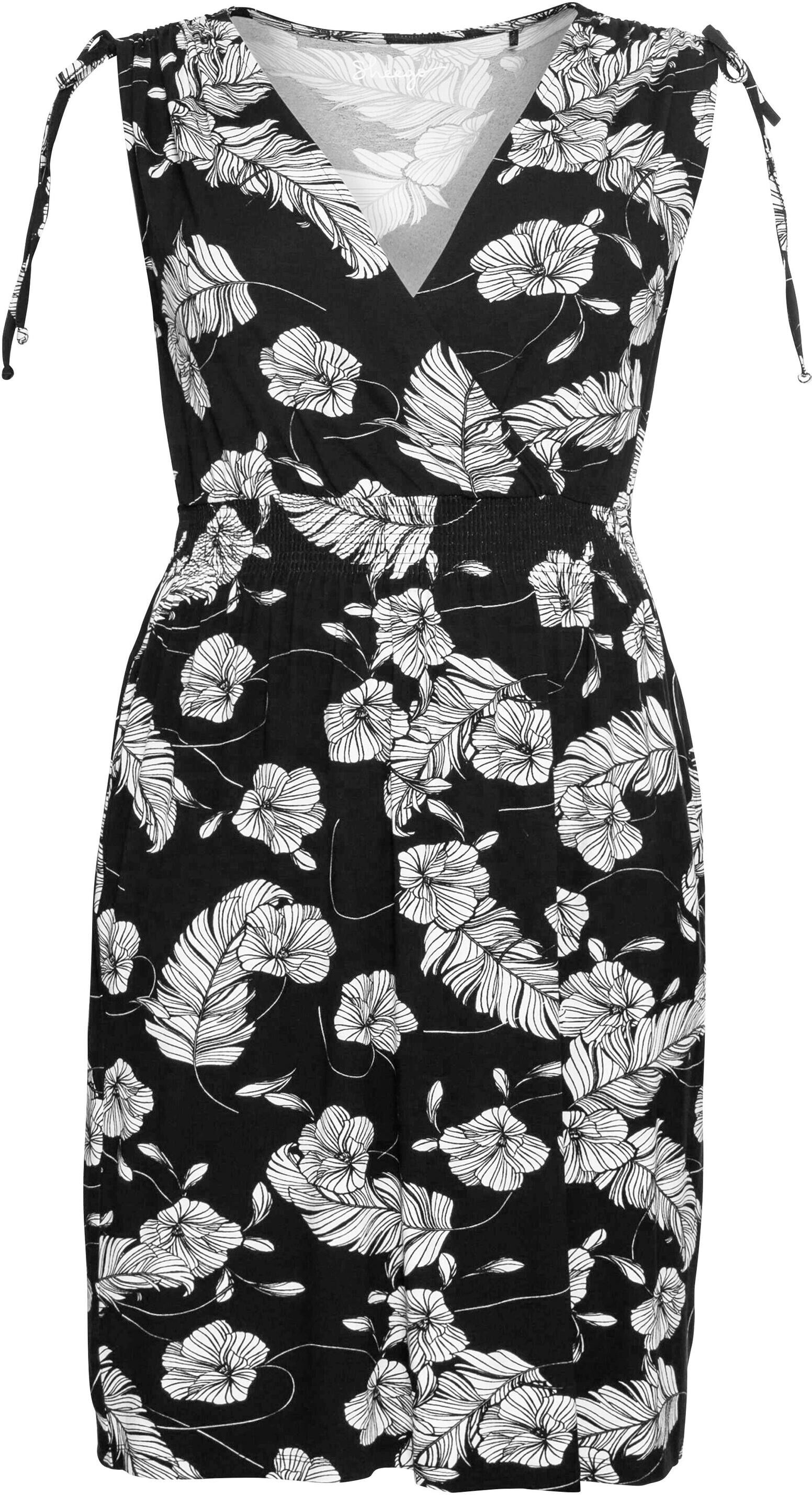 Strandkleid SHEEGO "Strandkleid Strandkleid mit Blumenprint, in Wickeloptik", Damen, Gr. 56, N-Gr, schwarz-weiß (schwarz, weiß), Elegant, V-Ausschnitt, Kleider Strandkleid, mit Wickeloptik und Eingrifftaschen