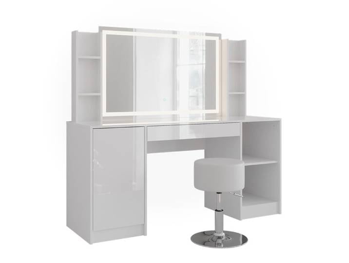 Coiffeuse Sherry 158.2cm avec miroir LED et tabouret Blanc/Blanc Haute brillance Vicco 57649