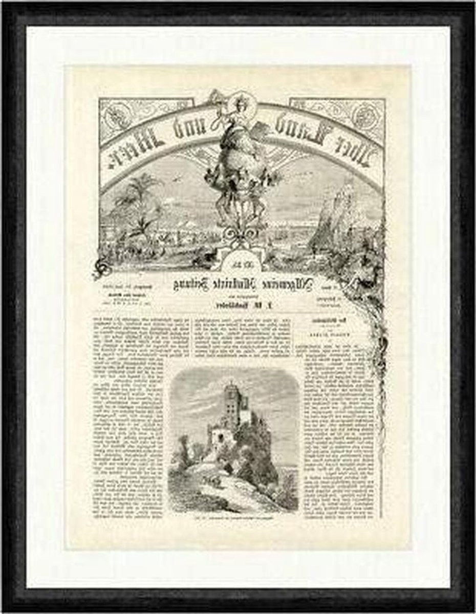 Wanddecoratie Kasteel Bronnen Print - Oude Houtsnede - Massief Houten Lijst - Bruin - 26 x 36 cm