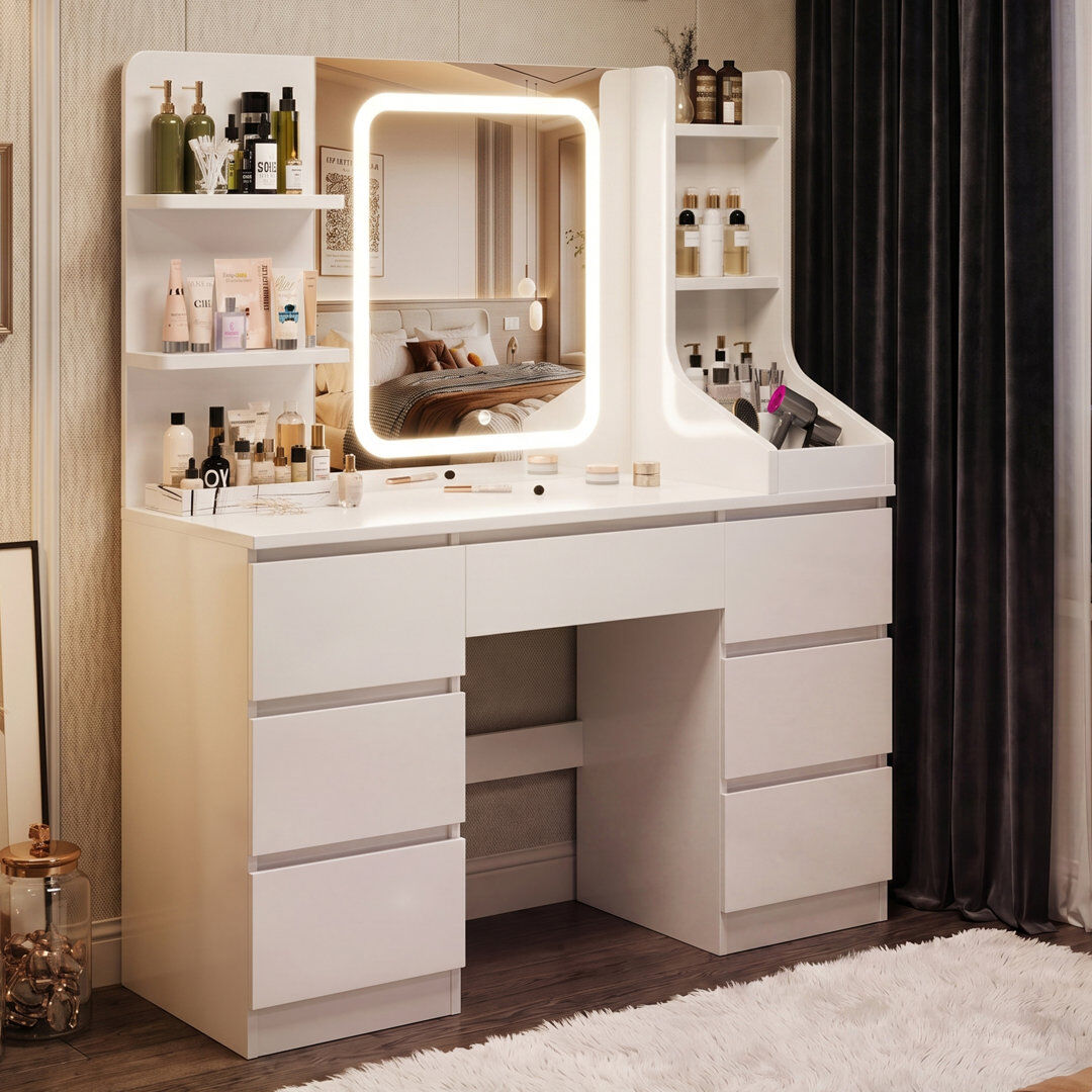 Metro LED Dressing table 7 Drawers and 7 Storage Shelves Dressing Table With Mirror Large Desktop Makeup Desk White 139cm H X 110cm W X 40cm D