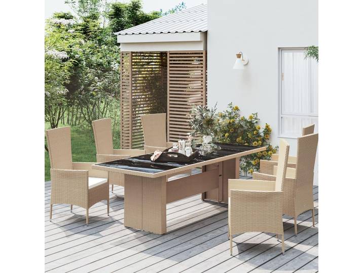 Table de jardin avec plateau en verre Beige Poly Rattan & verre trempé