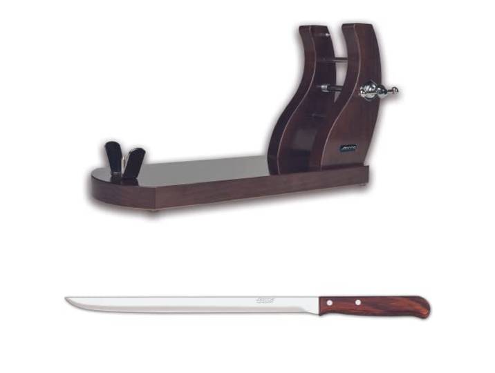 Arcos Jamonero Set - Professioneller Schinkenhalter mit Edelstahlmesser und Hülle, Bambus-Holz, Ideal zum Schneiden von Schinken, Größe 50x28x18 cm, Klingenlänge 25 cm