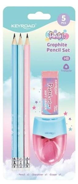 KEYROAD Pastel schoolbenodigdheden set, 5 stuks, mix van kleuren