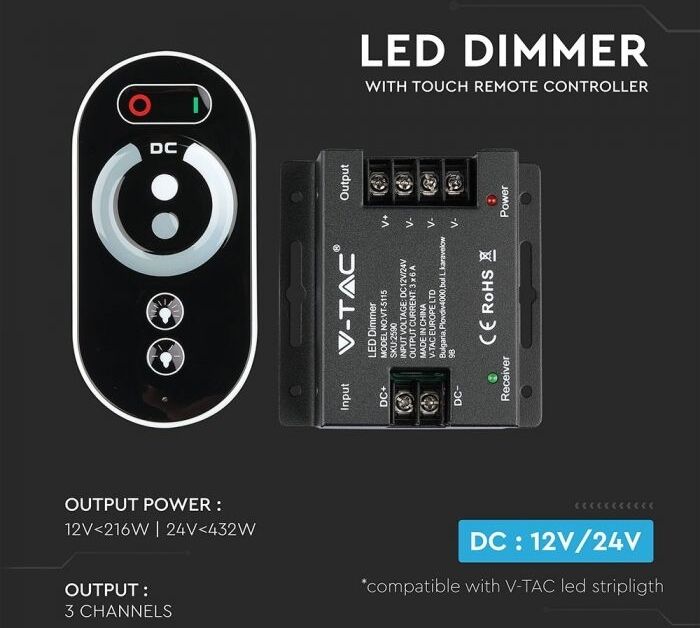 V-Tac Vt-5115 Controller Dimmer Rf Per Strip Led Con Telecomando Touch - Sku 2590
