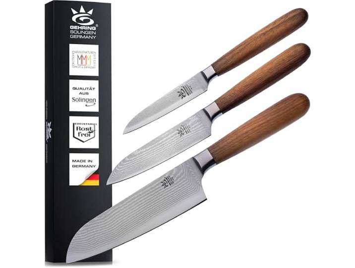 GEHRING SOLINGEN Damastmesser, Küchenmesser - Messerset, 3-tlg. Made in Germany, scharfe Profi Damastmesser, Messer Set aus 2x Santoku Messer und Gemüsemesser