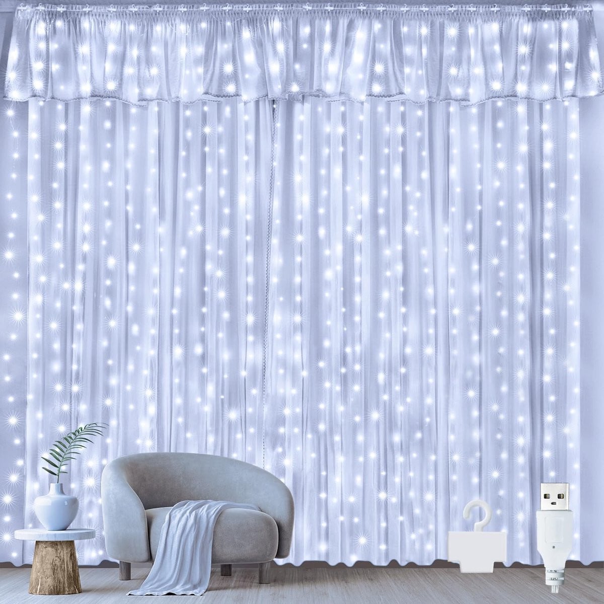 Wit LED lichtgordijn met USB-aansluiting en koperdraad