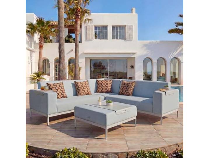 Mendler Alu-Garten-Garnitur HWC-C47, Stoff - blau mit Ablage, Kissen braun Sofa, Outdoor
