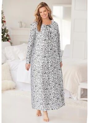 Plus Size Women's Floral Knit Gown by Dreams & Co. in Ivory Black (Size 2X) Nightgown