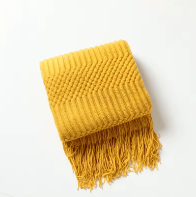 Inspire Curations Cream White Textured Knitted Throw Blanket With Tassels dx Yellow 127x172cm