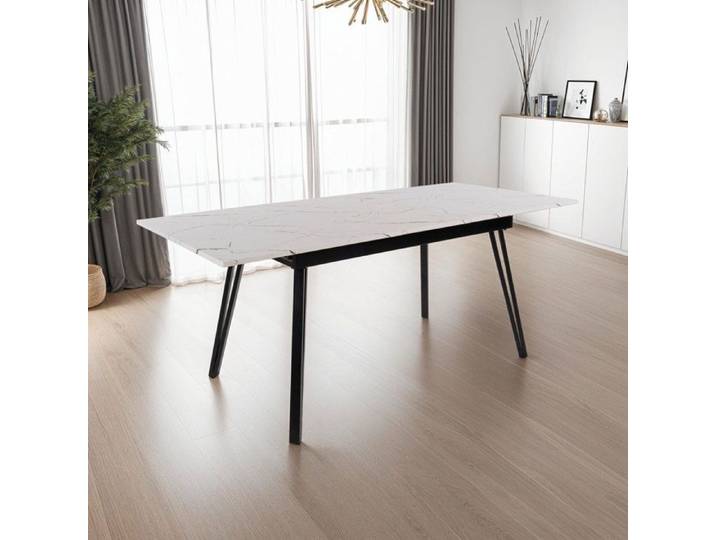 Table à manger extensible 160/200x90x76 cm effet marbre blanc - MINDY