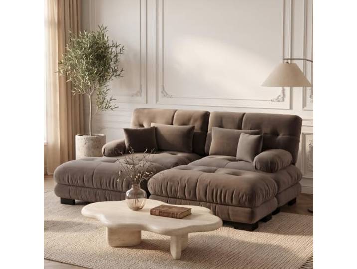 SoarTalent Modulsofa 2-Sitzer 220 cm mit 2 Hockern, Modular in U-Form, Chenille-Stoff, Holzgestell, Braun