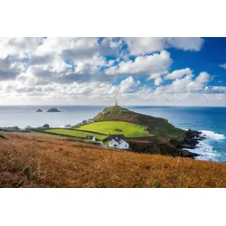 Fototapete PAPERMOON "LEUCHTTURM-KAP CORNWALL WIESE MEER OZEAN KÜSTE STRAND", bunt, B:5m L:2,8m, Vlies, Tapeten