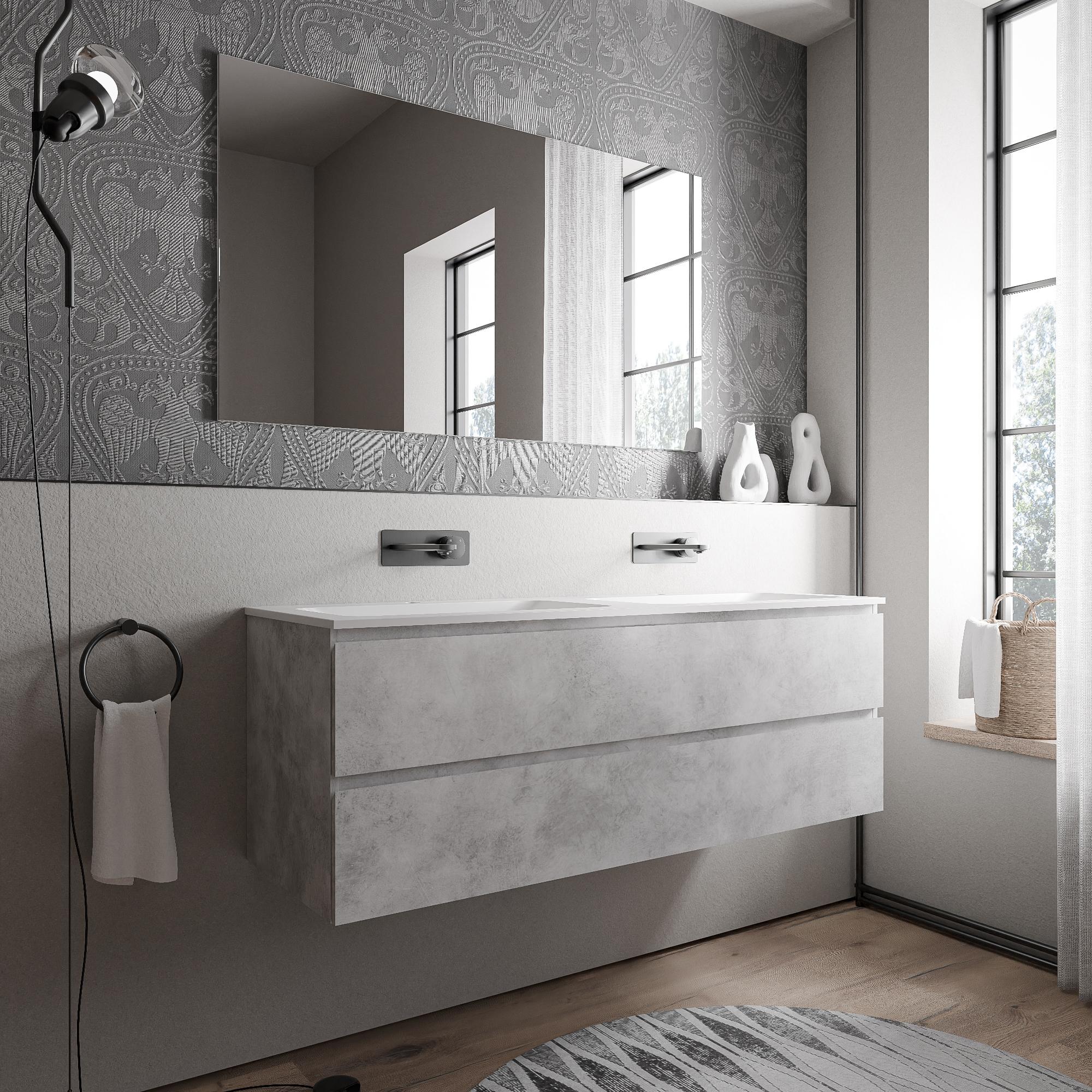 Unterschrank AVA 140 cm mit Mineralguss Waschbecken CREAM - Farbe wählbar, Auswahl Waschbecken:Weiß matt ohne Hahnloch, Farbe Badmöbel:Beton