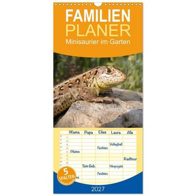 Familienplaner 2027 - Minisaurier im Garten mit 5 Spalten (Wandkalender, 21 x 45 cm) CALVENDO