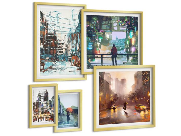 Tulup Bilder SET 5er Set - 50x50 cm & 20x30 cm & 40x60 cm Goldrahmen - Moderne, farbenfrohe Städte mit Charakteren, Goldfarben, Kunststoff, Rechteckig, 40x60 cm, einfache und schnelle Anbringung, Bilder & Rahmen, Bilder