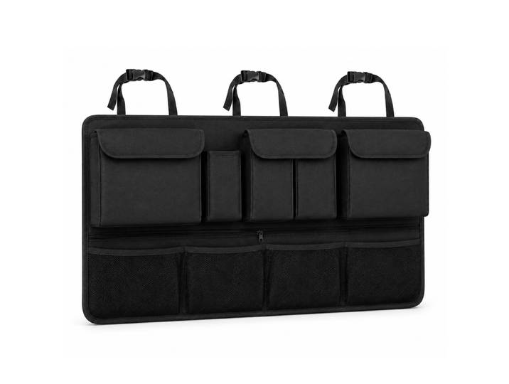 Oxerbog Opbergtas voor de kofferbak, ophangbare opbergtas met grote capaciteit en verstelbare riemen, afneembare opbergtas voor de achterbank, waterdichte, opvouwbare opbergtas met 4 vakken en 4 gaasvakken, interieuraccessoires voor SUV’s en pick-ups, opb