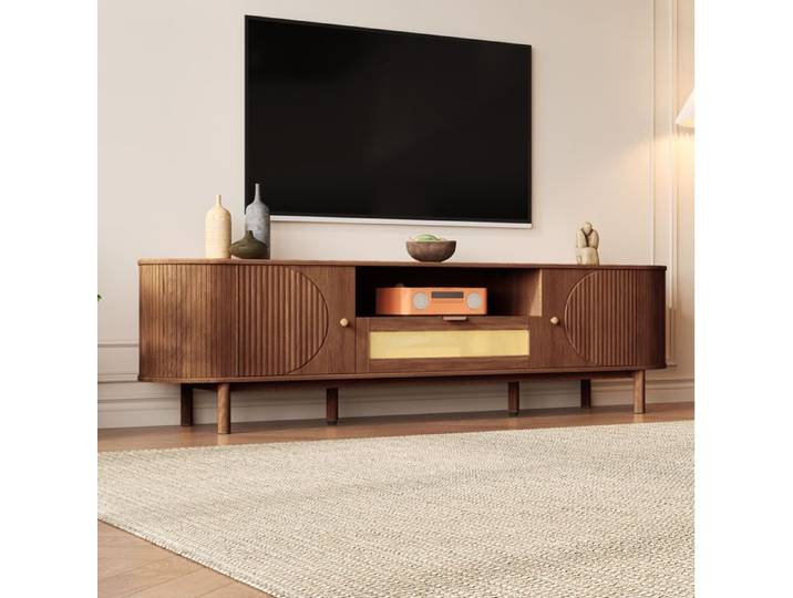 Meuble TV - Noyer - MDF - 2 portes demi-rondes niche ouverte tiroir - 175 cm