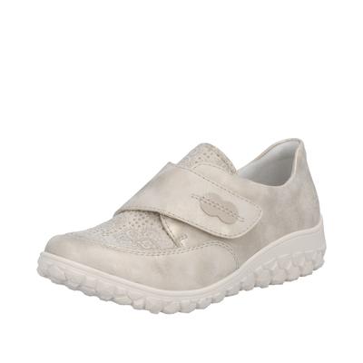 Klettschuh RIEKER, Damen, Gr. 40, Textil, beige (creme), Lederimitat, metallic, Schuhe Klettschuh, Slipper, Halbschuh mit floralem Druck