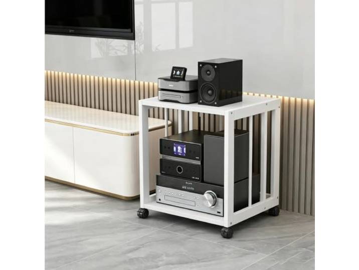 Verstellbares HIFI-Audio-Rack – Stereo-Medienständer mit 2/3/4/5 Ebenen Verstellbare Regalböden, fahrbarer Metallrahmen, HIFI Audio- und Medienspeicher(White+White,19.7x15.7x19.3in)