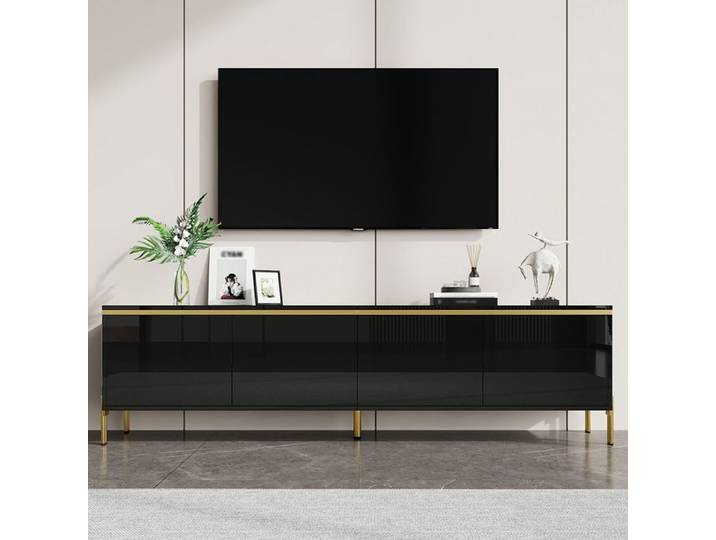 Meuble TV - 170x38x50 - Noir - 4 portes - Bordure dorée - Finition brillante