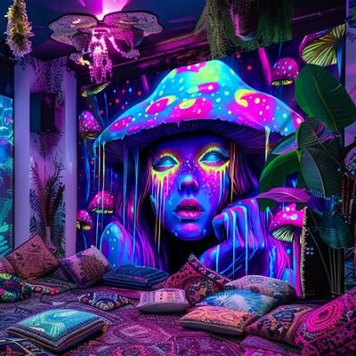 Uplift Essentials Psychedelic Mushroom Girl Blacklight Reactive Tapestry 29 X 37 In (73 X 95 Cm)