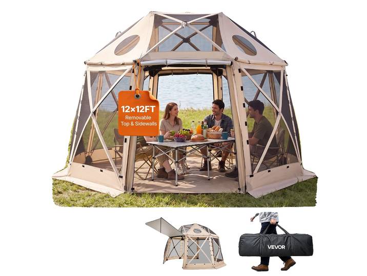 VEVOR Pop-up Pavillon 3\,6 x 3\,6 m\, tente de camping sphérique à 13 côtés avec toit amovible & sac de transport\, aération à 360° protection solaire\, tente de réception pour 8-10 personnes\, beige