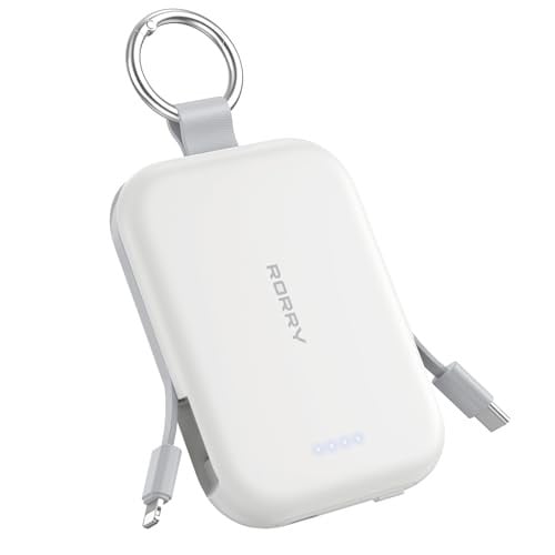 RORRY CharmGo Powerbank 5000 mAh met geïntegreerde kabels en sleutelhanger, wit