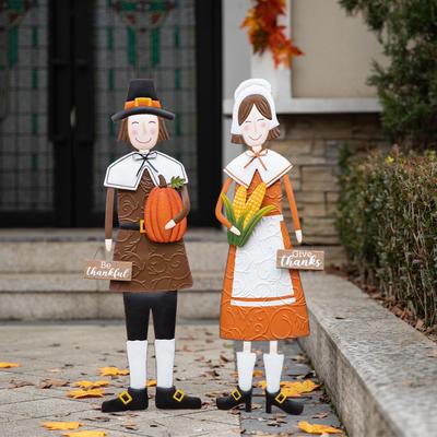 "Glitzhome 36""H Fall Thanksgiving Metal Pilgrim Yard Stake Standing Hanging Decor (3 Functions)"