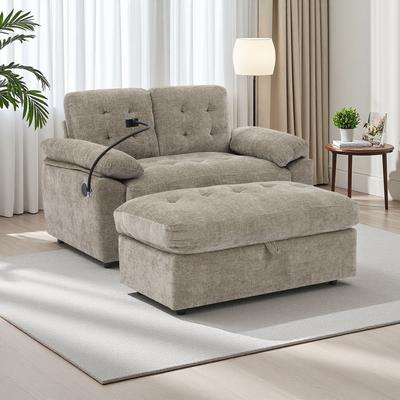 ZWYO HOSIMU 56-Inch Chenille Double Sofa Recliner with Manual Adjustable Backrest, USB Charging Port, Phone Stand, Soft Padded Armrests