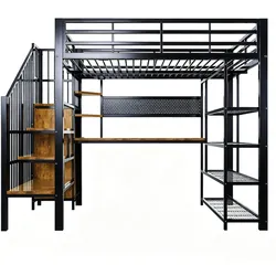 OKWISH Hochbett aus Metall und Holz in Schwarz, 140x200 cm, mit Stauraumtreppe, LED-Beleuchtung und Steckdosen