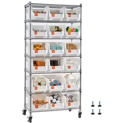 VEVOR Standregal, Lagerregal mit 7 Ebenen & 18 Stapelboxen, Bücherregal, Küchenregal mit Rollen, Werkzeugaufbewahrung für Garage, Lager, Büro, Restaurant, Klassenzimmer, Küche, 690x355x1490 mm