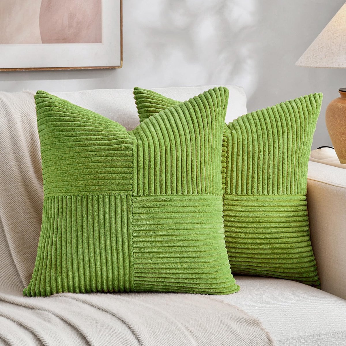 Set van 2 limoengroene corduroy kussenslopen, 45 x 45 cm