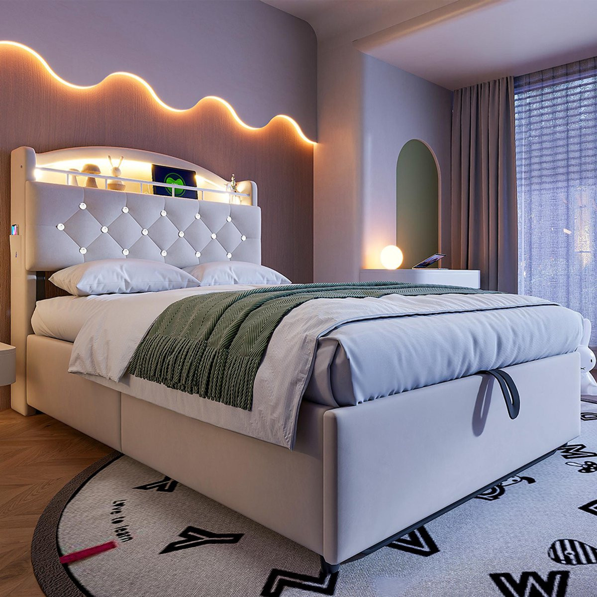 Pugsdrly Multifunctioneel Kinderbed met LED-verlichting, USB-oplaadpunt en opbergruimte, Beige, 90 x 200 cm