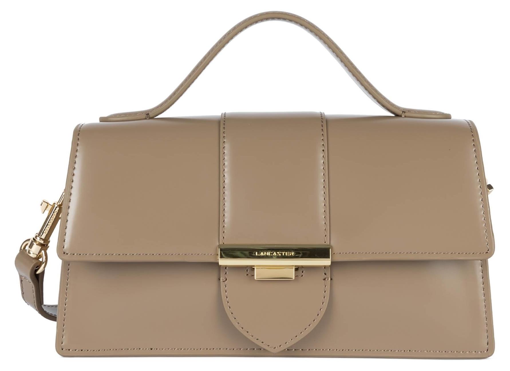 Moderne geräumige Handtasche aus Rindsleder in Taupe mit grafischem Deckel und verstellbarem Schulterriemen