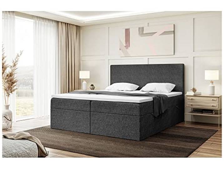 MEBLINI Boxspringbett mit Bettkasten - 200x200 - Gepolstert Doppelbett mit Matratze und Topper - Polsterbett mit Stauraum - Bett mit Kopfteil - Stauraumbett - Zlatan - H3/Dunkelgrau Webstoff