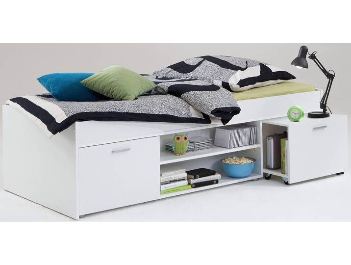 Funktionsbett FMD, weiss (weiß), B:95,4cm H:57,5cm L:203,6cm, Daybetten, Funktionsbett, Funktionsbett mit ausziehbarem Nachttisch, Liegefläche 90x200 cm