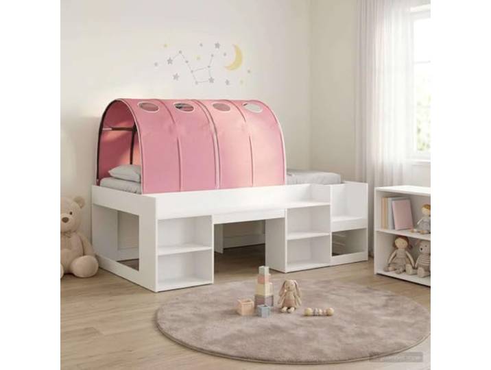 RJPLMFV Hochbett für Kinder, mit Regalböden, 3-teilig, Weiß und Rosa Holzwerkstoff, fester Lattenrahmen, moderner Stil, einfache Montage