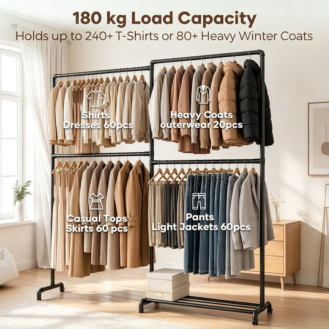 Rebrilliant Heavy Duty Freestanding Clothes Rail, Garment Rack with 4 Rails & 360° Foldable Side Arms, Bottom Shelf, 180KG Load, Clothes Hanging Rail