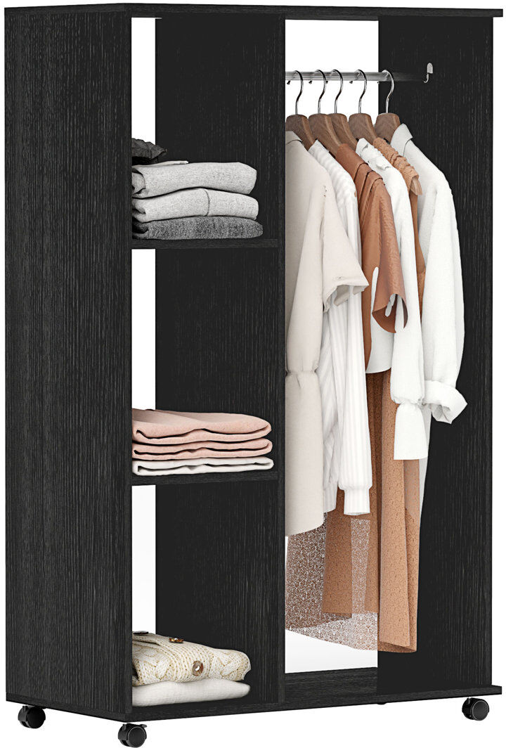 Ebern Designs Riles Rolling Open Wardrobe Hanging Rail Storage Shelves for Clothes Black