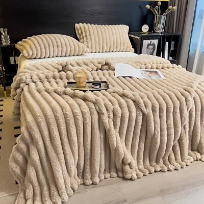 Shop Station Thick Wide Striped Flannel Blanket Soft Waterproof Sofa Throw & Cozy Bed Blanket khaki 39.37 59.06 In