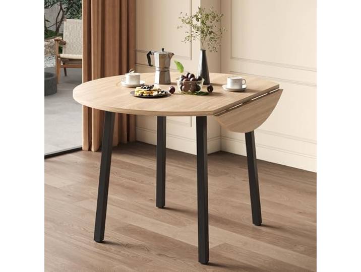 Merax Klappbarer Esstisch 100x100 cm, rund, Metallbeine, für 2-4 Personen, klappbare Tischplatte, platzsparend, für kleine Wohnungen, Holzfarbe